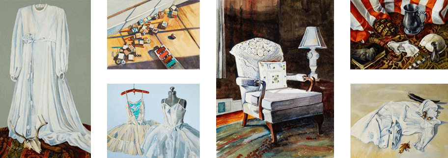 Collage of Paintings: Dresses, Toys, a Chair and Other Various Things