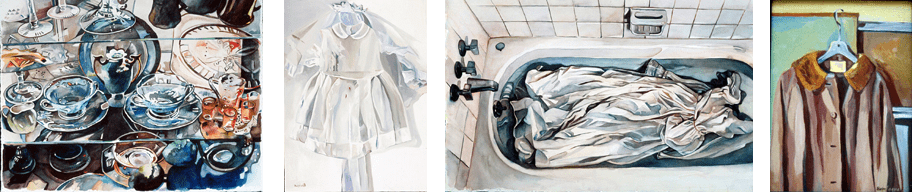 Collage of Paintings: Glassware, Dresses and a Coat